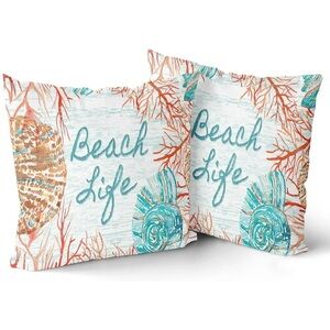 Coastal Coral Reef Pillow Covers 16” x 16”- White with Coral & Teal Accents Set